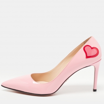 Pre Owned Prada Pink Patent Leather Heart Patch Pumps Size 40.5