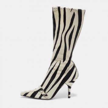Pre Owned Prada Black/White Calf hair Zebra Printed Knee Length Boots Size 41