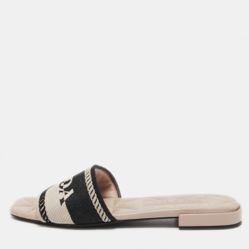 Pre Owned Prada Beige/Black Logo Print Canvas Flat Slides Size 38.5