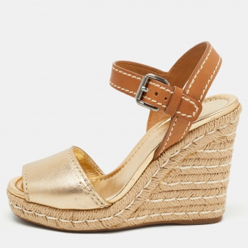 Pre Owned Prada Gold/Brown Leather Espadrille Wedge Sandals Size 36