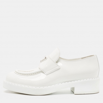 Pre Owned Prada White Patent Leather Logo Plaque Loafers Size 37