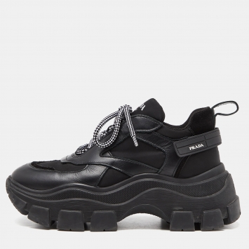 Pre Owned Prada Black Leather Nylon and Leather Lace Up Sneakers Size 38.5