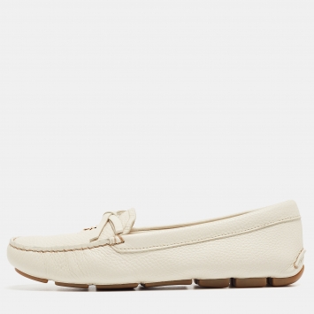 Pre Owned Prada Cream Leather Bow Slip On Loafers Size 36