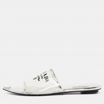 Pre Owned Prada Silver Patent Leather and PVC Logo Flat Mules Size 40.5