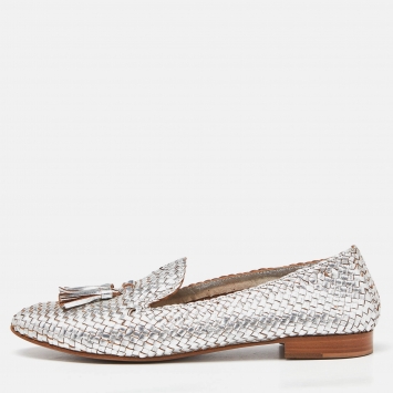 Pre Owned Prada Silver Foil Woven Leather Tassel Detail Smoking Slippers Size 40