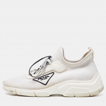 Pre Owned Prada White Logo Knit Fabric Low Top Sneakers Size 38