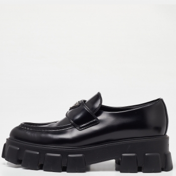 Pre Owned Prada Black Leather Monolith Logo Platform Loafers Size 39.5