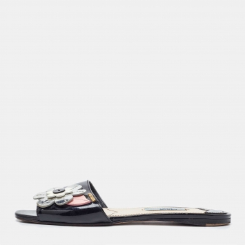 Pre Owned Prada Black Patent Leather Floral Applique Flat Slides Size 36.5