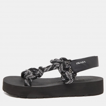 Pre Owned Prada Black/White Leather And Rope Donna Nastro Platform Velcro Strap Sandals Size 37