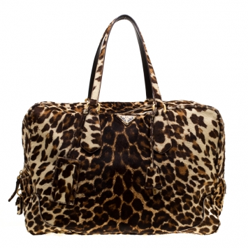مملوكة مسبقًا Prada Brown Animal Print Calf Hair Weekender Bag
