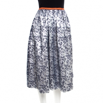 Pre Owned Preen by Thornton Bregazzi Silver and Navy Blue Floral Jacquard Midi Skirt S