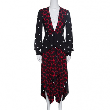Pre Owned Proenza Schouler Red and Black Printed Draped Detail Asymmetric Dress S
