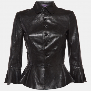 Pre Owned Ralph Lauren Collection Black Leather Peplum Style Jacket M