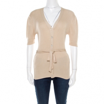 Pre Owned Ralph Lauren Beige Cotton and Silk  Rib Knit Belted Button Front Cardigan L