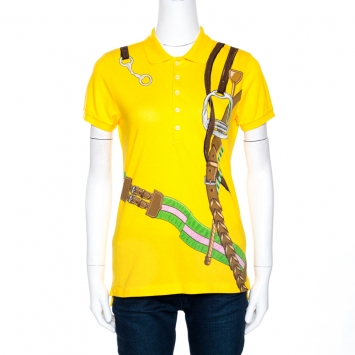 Pre Owned Ralph Lauren Yellow Equestrian Print Cotton Skinny Polo T-Shirt M
