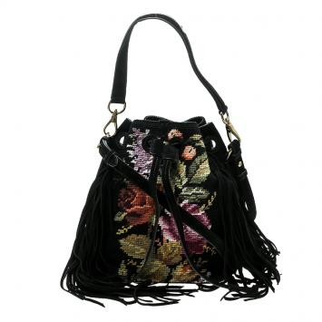 Pre Owned Ralph Lauren Black Leather Drawstring Fringed Bucket Bag