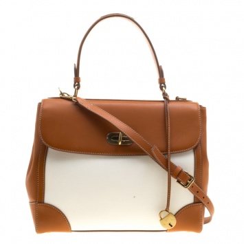 Pre Owned Ralph Lauren Brown/White Leather and Canvas Tiffin 33 Bag