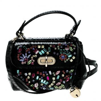 Pre Owned Ralph Lauren Black Leather Mini Tiffin Crystal Embellished Top Handle Bag