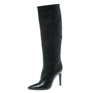 Pre Owned Ralph Lauren Black Floral Embroidered Leather Tolliver-e Knee Length Boots Size 38