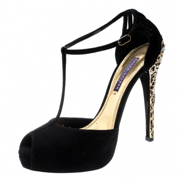 Pre Owned Ralph Lauren Back Suede Jesrina Embellished Heel Peep Toe T Strap Platform Sandals Size 38