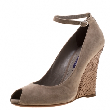Pre Owned Ralph Lauren Beige Suede Python Leather Warah Wedge Heel Peep Toe Pumps Size 38