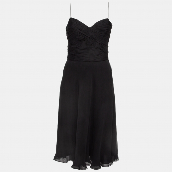Pre Owned Ralph Lauren Purple Label Black Silk Shoulder Strap Midi Meredith Dress S