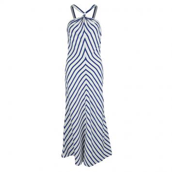 Pre Owned Ralph Lauren Blue and White Nautical Striped Silk Dress M