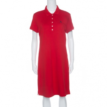 Pre Owned Ralph Lauren Red Cotton Short Sleeve Polo T-Shirt Dress L
