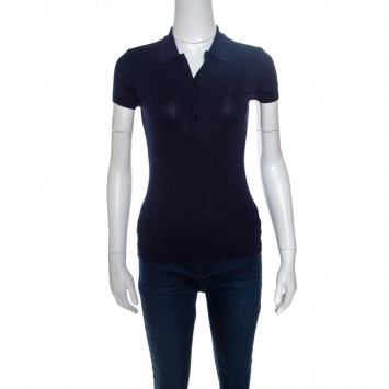 Pre Owned Ralph Lauren Navy Blue Stretch Rib Knit Logo Embroidered Fitted Polo Shirt XS