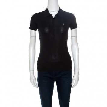 Pre Owned Ralph Lauren Grey Stretch Rib Knit Logo Embroidered Fitted Polo T-Shirt XS