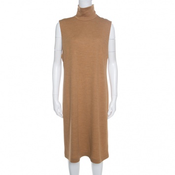 مملوكة مسبقًا Ralph Lauren Tan Brown Wool Jersey Leather Trim High Neck Shift Dress XL