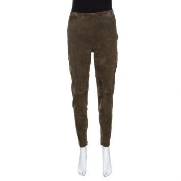 Pre Owned Ralph Lauren Khaki Stretch Suede Skinny Jamie Pants L