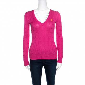 Pre Owned Ralph Lauren Pink Cable Knit V Neck Pullover XS