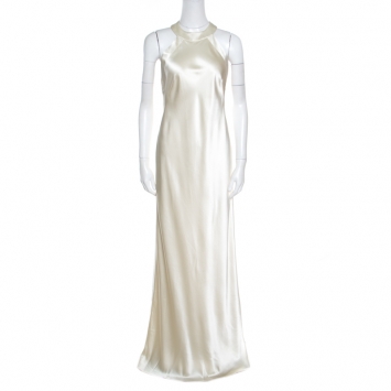 مملوكة مسبقًا Ralph Lauren Off White Silk Satin Cutout Back Detail Sleeveless Gown M