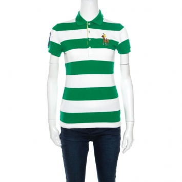 Pre Owned Ralph Lauren Green and White Striped Honeycomb Knit Logo Embroidered Polo T-Shirt S