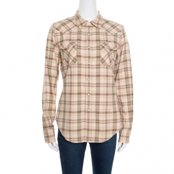 Pre Owned Ralph Lauren Beige Checked Cotton Knit Long Sleeve Slim Fit Shirt L