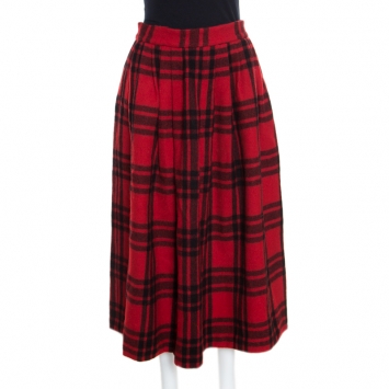 Pre Owned Ralph Lauren Red and Black Plaid Wool Pleated Midi Skirt L