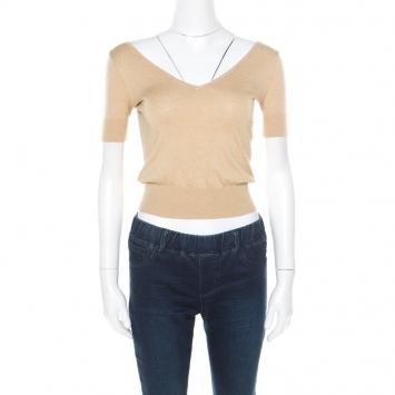 Pre Owned Ralph Lauren Beige Cotton and Cashmere Blend V Neck Cropped Sweater XS