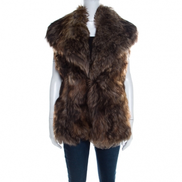 Pre Owned Ralph Lauren Brown Lamb Fur Toggle Closure Detail Shawl Lapel Vest S
