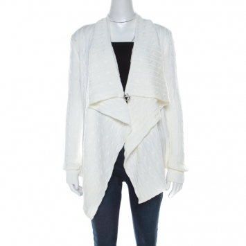Pre Owned Ralph Lauren White Cable Knit Waterfall Lapel Open Front Cardigan M 