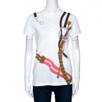 Pre Owned Ralph Lauren White Equestrian Print Cotton Skinny Polo T-Shirt M