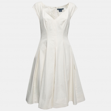 Pre Owned Ralph Lauren White Cotton Flared Box-Pleated Dress L