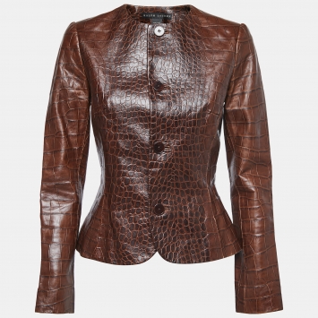 Pre Owned Ralph Lauren Brown Embossed Leather Round-neck Jacket M