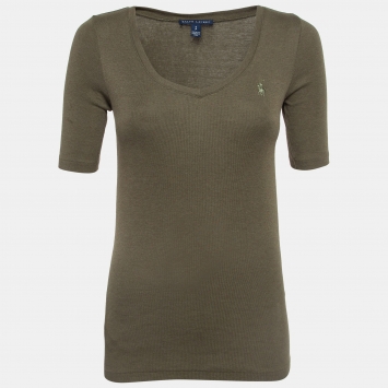 Pre Owned Ralph Lauren Olive Green Cotton knit V-Neck T-Shirt S
