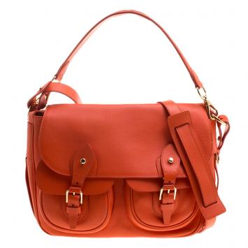 Pre Owned Ralph Lauren Red Orange Leather Hunting Messenger Bag