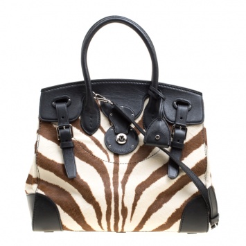 Pre Owned Ralph Lauren Black Zebra Print Pony Hair and Leather Ricky Tote