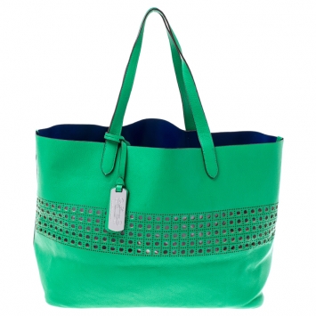 Pre Owned Ralph Lauren Green Perforated Leather Leighton Shopper Tote