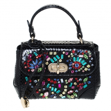 Pre Owned Ralph Lauren Black Python Mini Tiffin Crystal Embellished Top Handle Bag