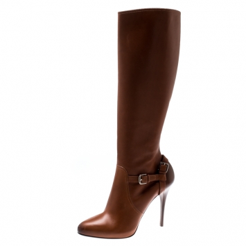 Pre Owned Ralph Lauren Cognac Brown Leather Vivera Buckle Detail Knee Length Boots Size 40