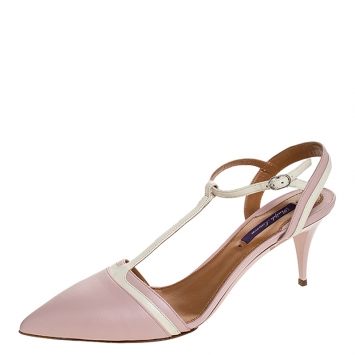 Pre Owned Ralph Lauren Pink/White Leather Pointed Toe T Strap Sandals Size 40